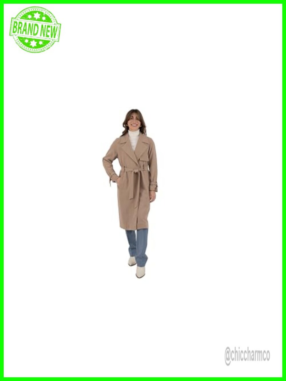 Notch Collar Crepe Trench Coat with Belt & Pockets